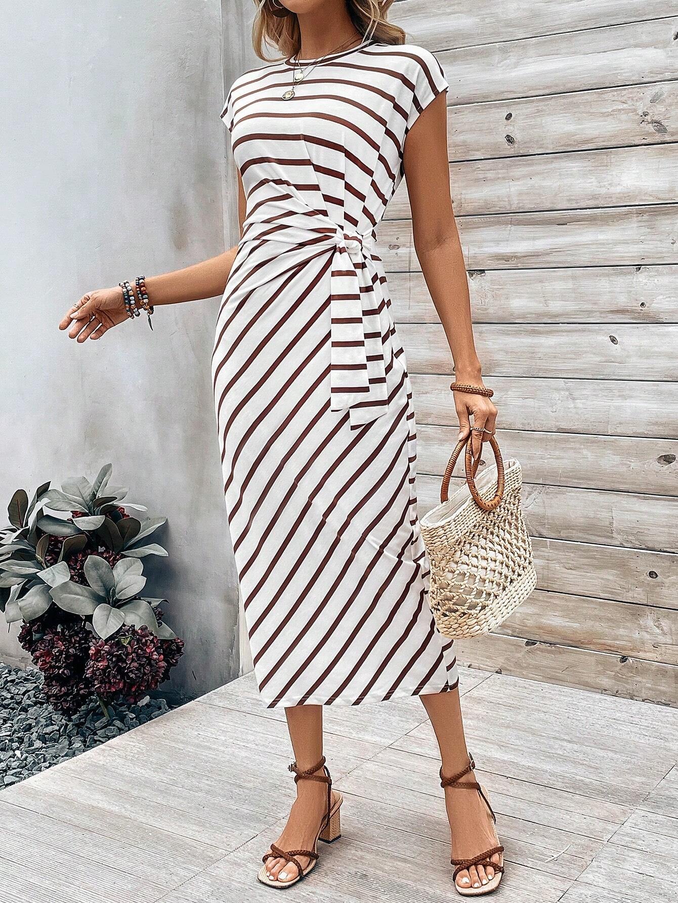 Calvaya Tie Knotted Striped Side Casual Dress