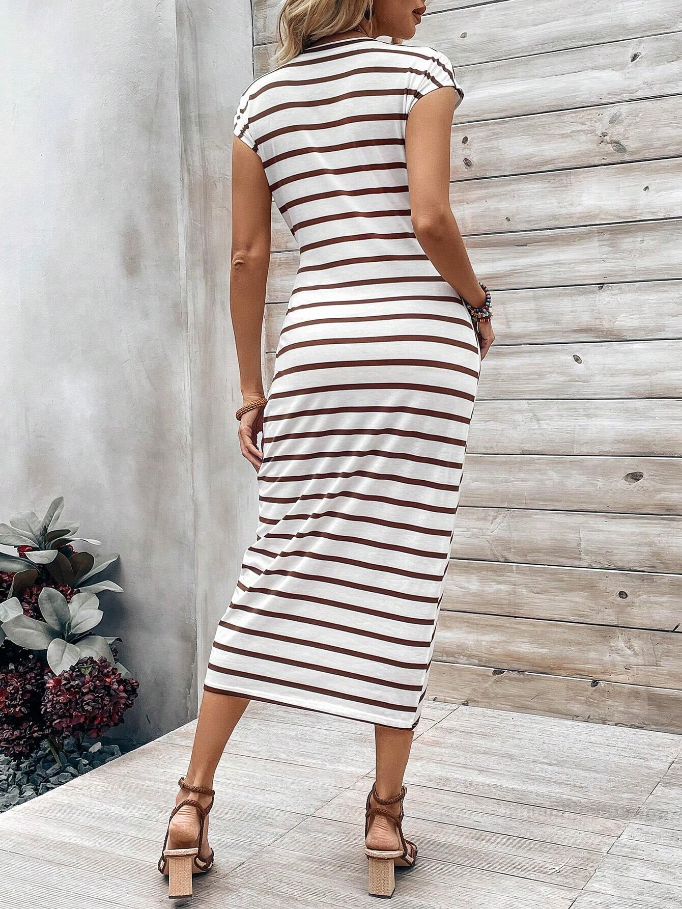 Calvaya Tie Knotted Striped Side Casual Dress