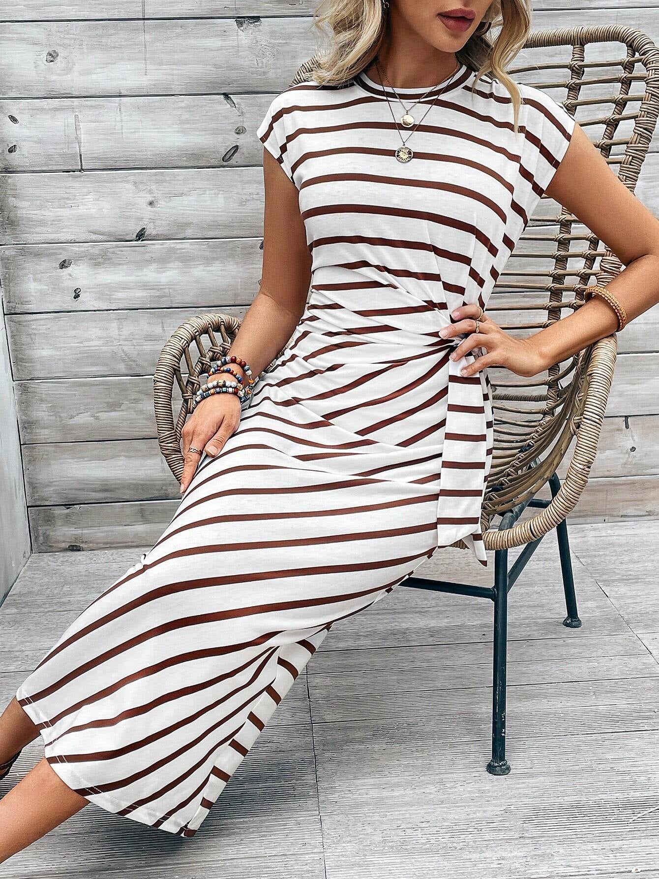 Calvaya Tie Knotted Striped Side Casual Dress
